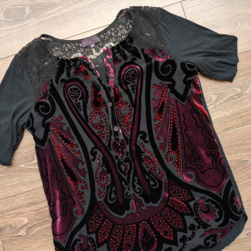 Hale Bob Burnout Velvet Blouse Black‎ Red Black Silk Whimsigoth Fairy Witchy